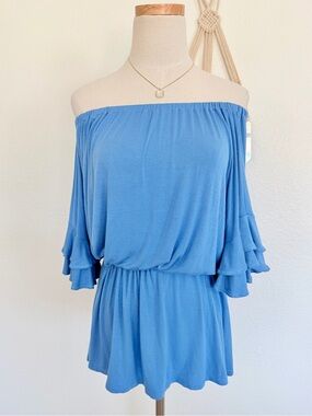 🩵 Anthropologie Blue Aspasia Off-Shoulder Ruffle Jersey Top